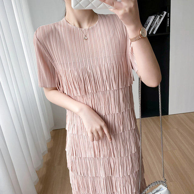 2023 new Miyake high-end tassel mosaic cake skirt women's summer long section pleated temperament age-reducing short-sleeved dress