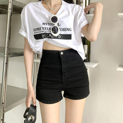 High-waisted, elastic black denim shorts for women's summer, a new, sexy and sexy style that wraps around the buttocks, slimming, tight-fitting, and height-elastic hot pants