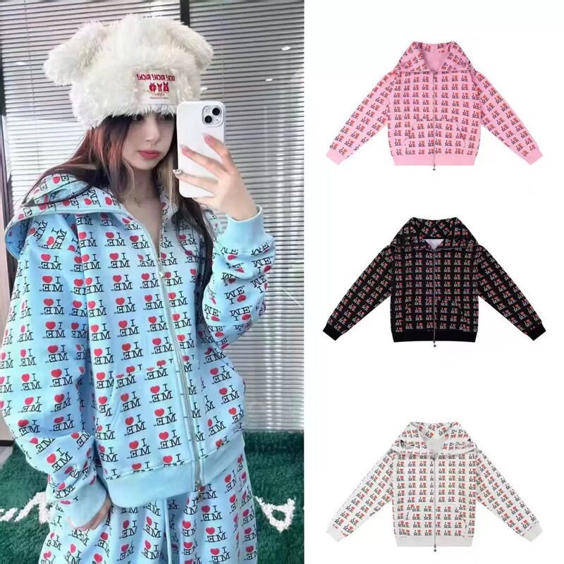 Korean Niche Heart Letter All-Over Print Rabbit Print Casual Quirky Mask Hoodie Zipper Sweatshirt + Sweatpants