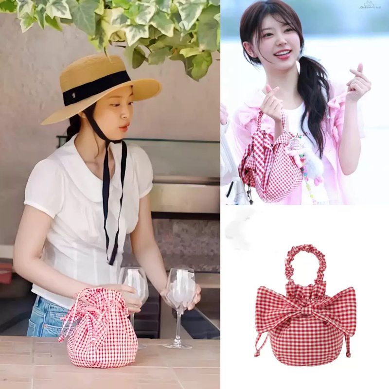 Korean Niche Jennie Jiang Art Book Same Style Plaid Bow Drawstring Handbag Clutch Bag