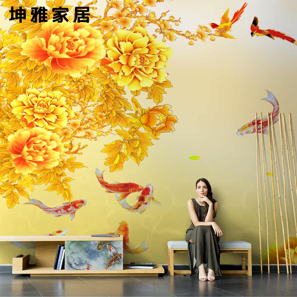Bamboo and wood fiber integrated wall panel Chinese retro peony nine fish TV background wall panel living room decorative panel wall panel