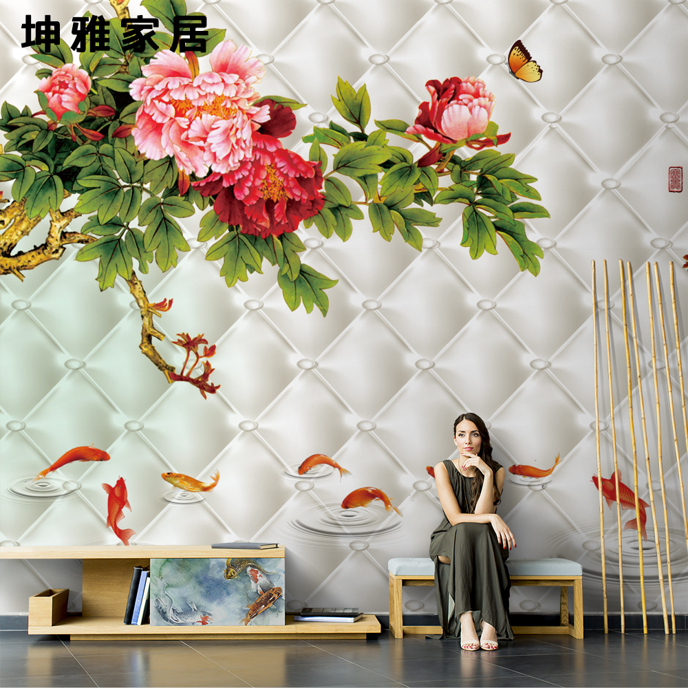 Wood-wood fiber integrated wall panel Chinese style retro peony Nine fish TV Background wall panel Living room Decorative Wall wall panel