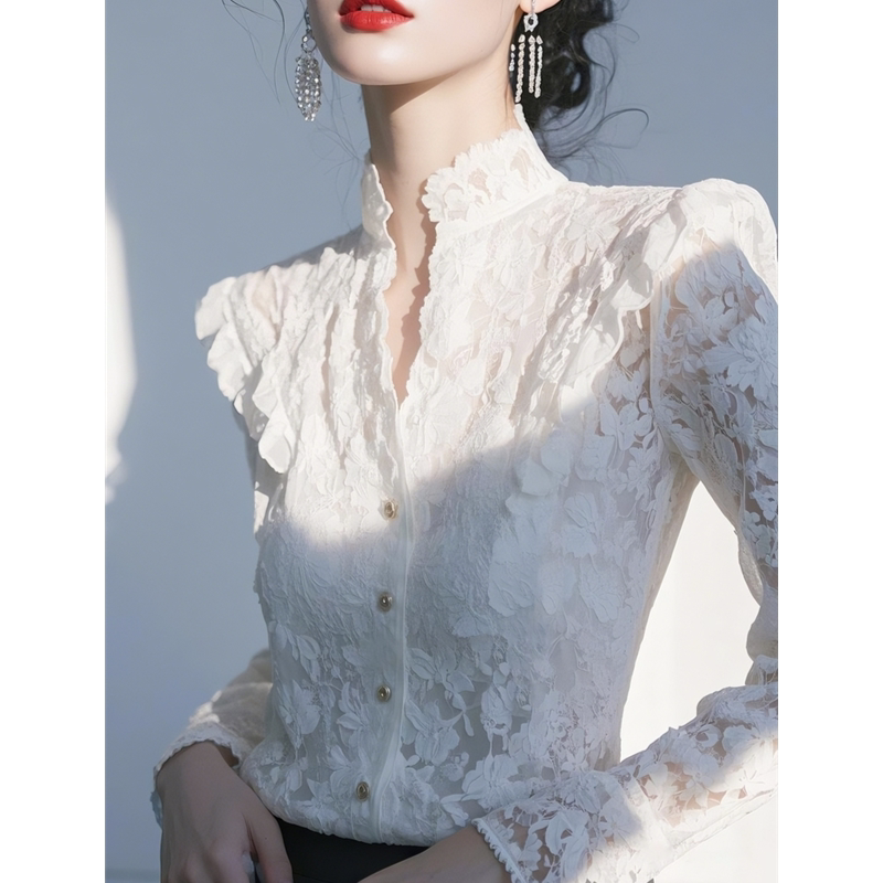 Authentic Gejia New 2026 Spring and Autumn Light Luxury High-End White Lace Shirt with French Style Inner Wear Top