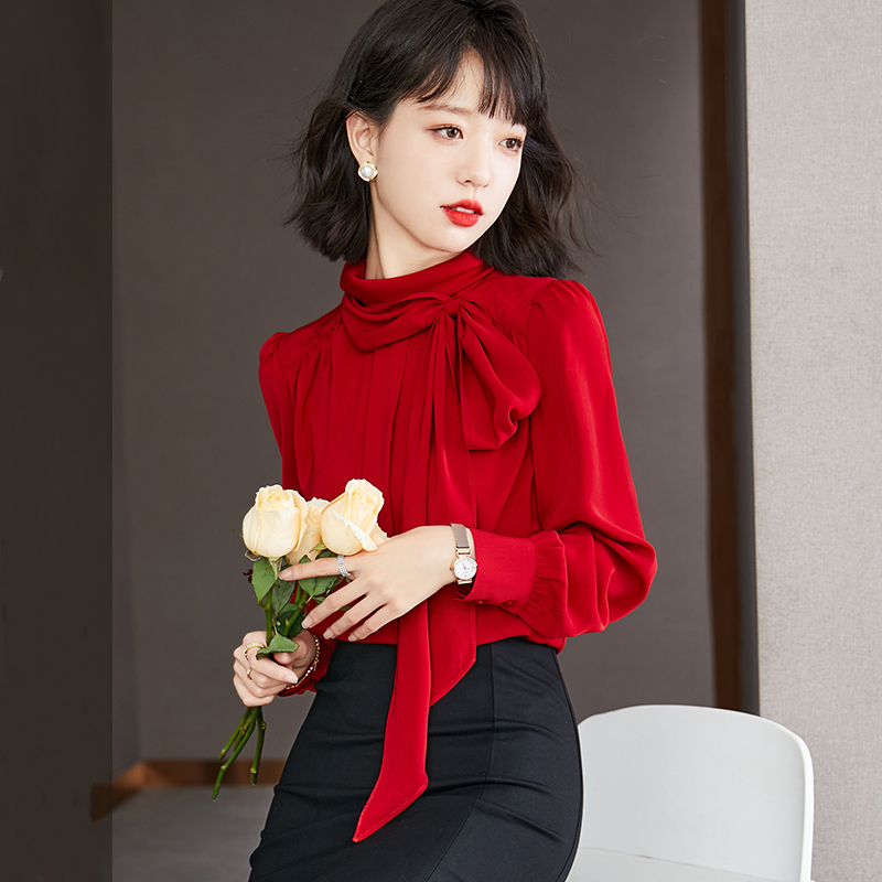 Authentic Gejia Women's Clothing 2026 New Spring and Autumn Satin Tie-Up Chiffon Puff Sleeve Bow Red Shirt Top