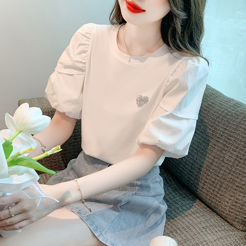 Authentic Gejia Women's Clothing 2025 Summer Sequin Heart Round Neck Patchwork Lantern Sleeve Short Sleeve Puffy Bubble Sleeve T-Shirt