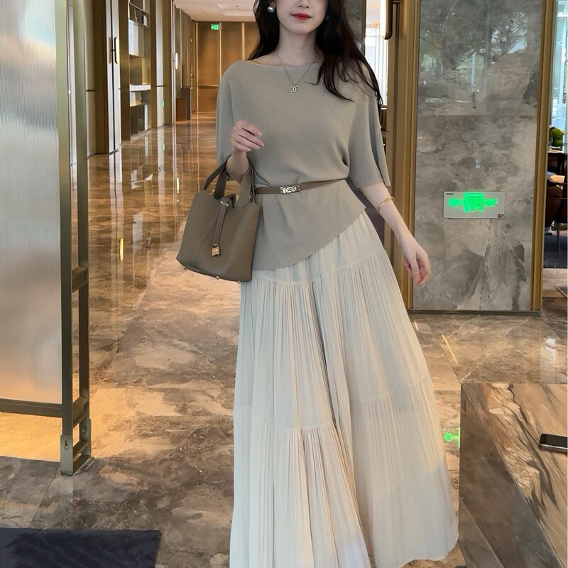 Authentic Gejia New 2026 Summer Gentle Off-Shoulder Ice Silk Knit Top with Belt and High-Waisted Skirt Two-Piece Set