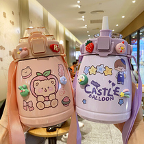 Student water glass female high face value 304 stainless steel mug cute kettle with straw large belly insulated cup large capacity
