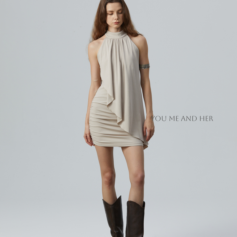 You Me and Her Original Oatmeal Halter Neck Asymmetrical Dress with Flared Pants, Elegant Date Outfit 2-Piece Set