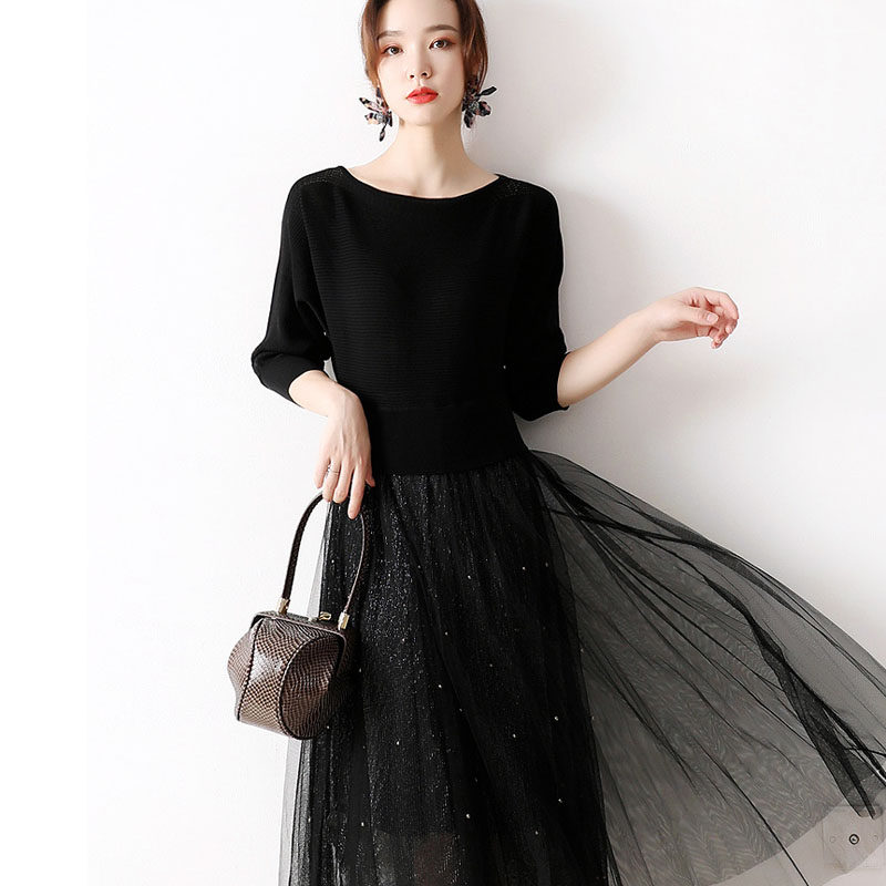 Day Ensemble Light Extravagant Two Sets Splicing Foreign Dress 2022 Early Autumn New Knitted Blouse Splicing 100 Plexant Mesh Dress