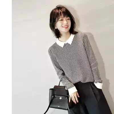 Japanese women's elegant temperament Contrast color small pointed collar retro chigzag knitwear pullover sweater autumn