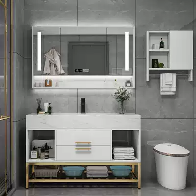Sanitary Ware light luxury solid wood rock board smart bathroom cabinet combination modern one basin cosmetic room wash hand wash basin cabinet