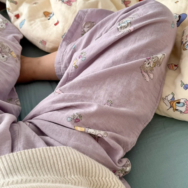 ins Women's Summer Thin Pajama Pants Breathable Casual Sweet Cartoon Air-Conditioned Room Home Wide-Leg Pants for Spring and Autumn