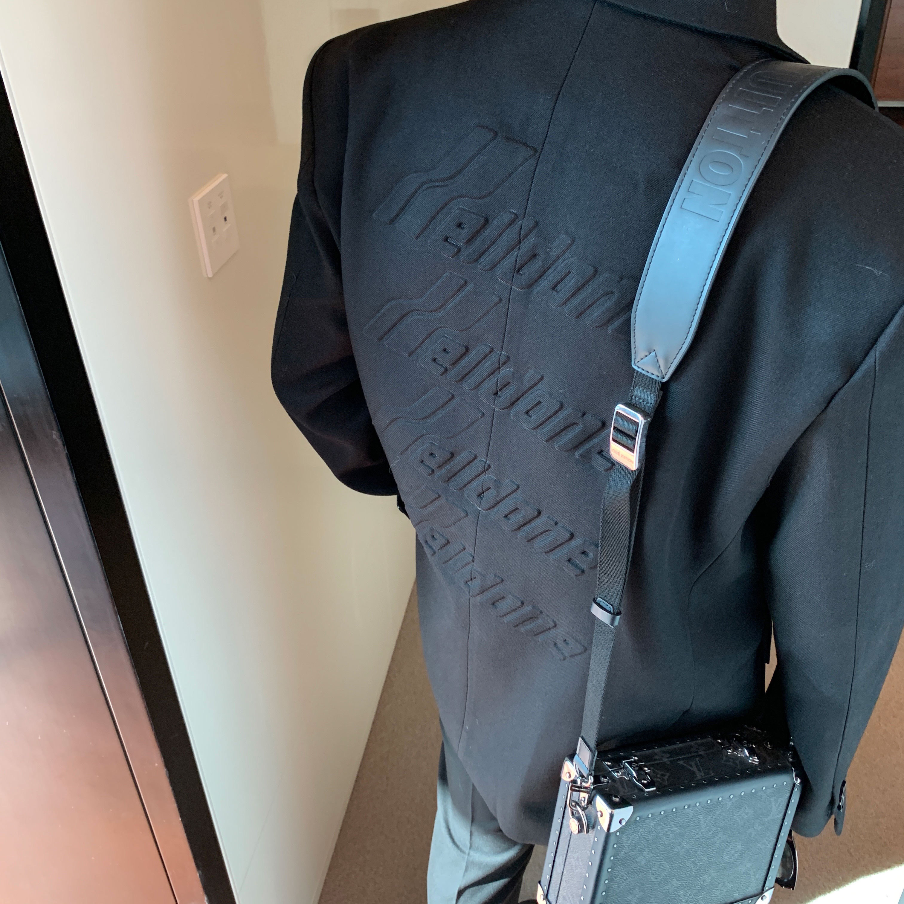 we11done haze blue suit GD with the same embossed logo design sense welldone suit jacket for men and women