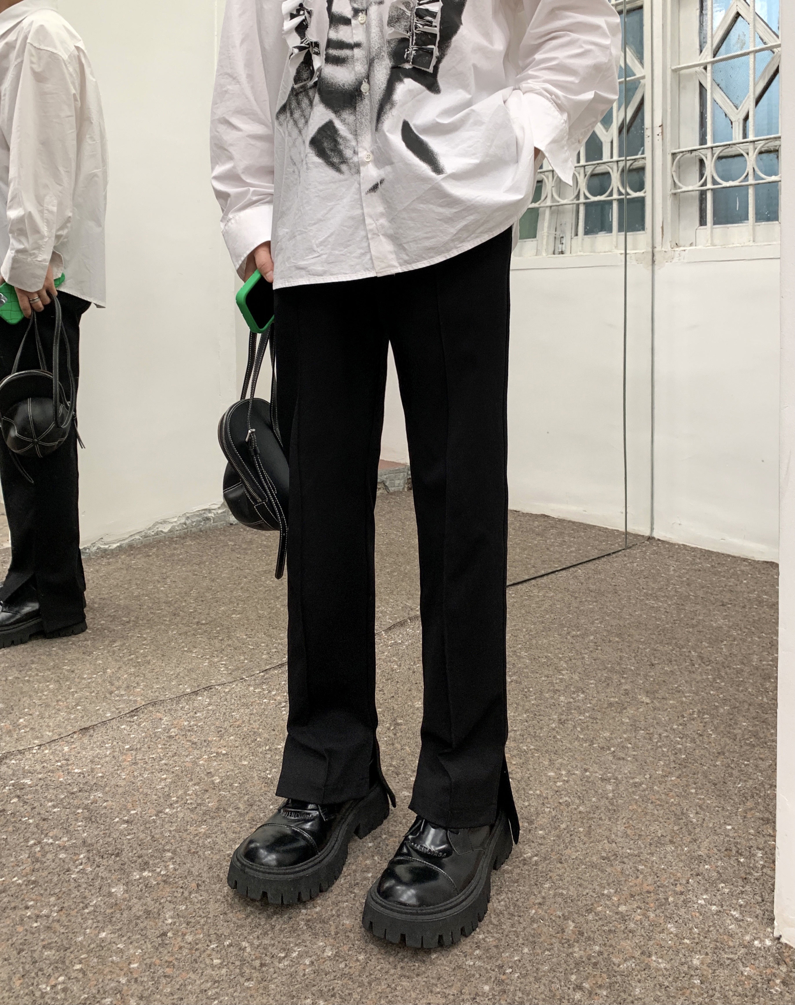 TTT homemade autumn new all-match straight-leg pants split black trousers men's micro-elastic loose drape casual trousers