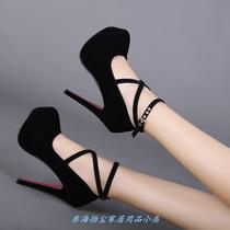 Slim heels cross strap autumn new cross strap sexy round head waterproof table black womens shoes