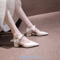 Pointed hollow high heels female thick heel 2021 spring and summer new Baotou bow 5cm temperament single shoe middle heel