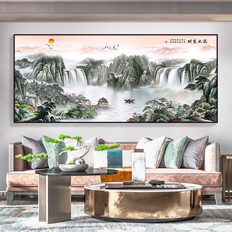 紫气东来靠山图办公室字画装饰风景山水客厅挂画国画沙发背景墙画-阿里巴巴