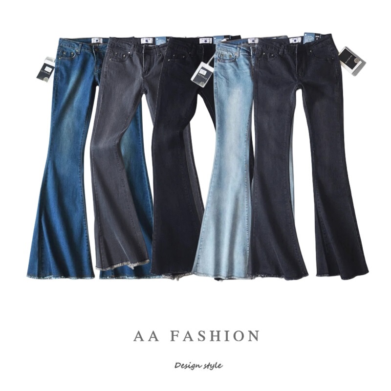 Aa American Style Mid-Low Waist Slim Fit Tight-Fitting Hip-Hugging Slimming Stretchy Floor-Length Denim Pants with Raw Hem Flared Pants 0B