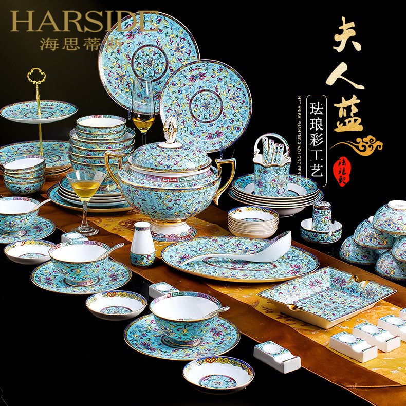 Heithtis Cutlery Sets Home Jingdezhen Ceramic Bowl minimalist with Chinese enamel Colored Bone porcelain tableware upscale