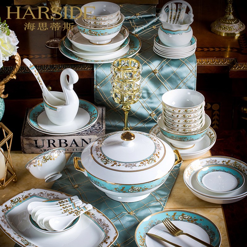 Heathtis Jingdezhen Bone Porcelain Tableware Set Group Light Extravagant Bowl Tray Combined Ceramic Rice Bowls dinnerware minimalist home