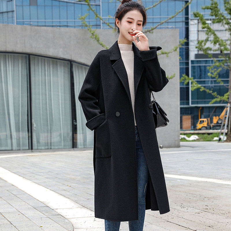 Herringbone tattoo bifacial cashmere big coat woman with long past knee 2023 autumn winter new Korean version loose wool coat-Taobao