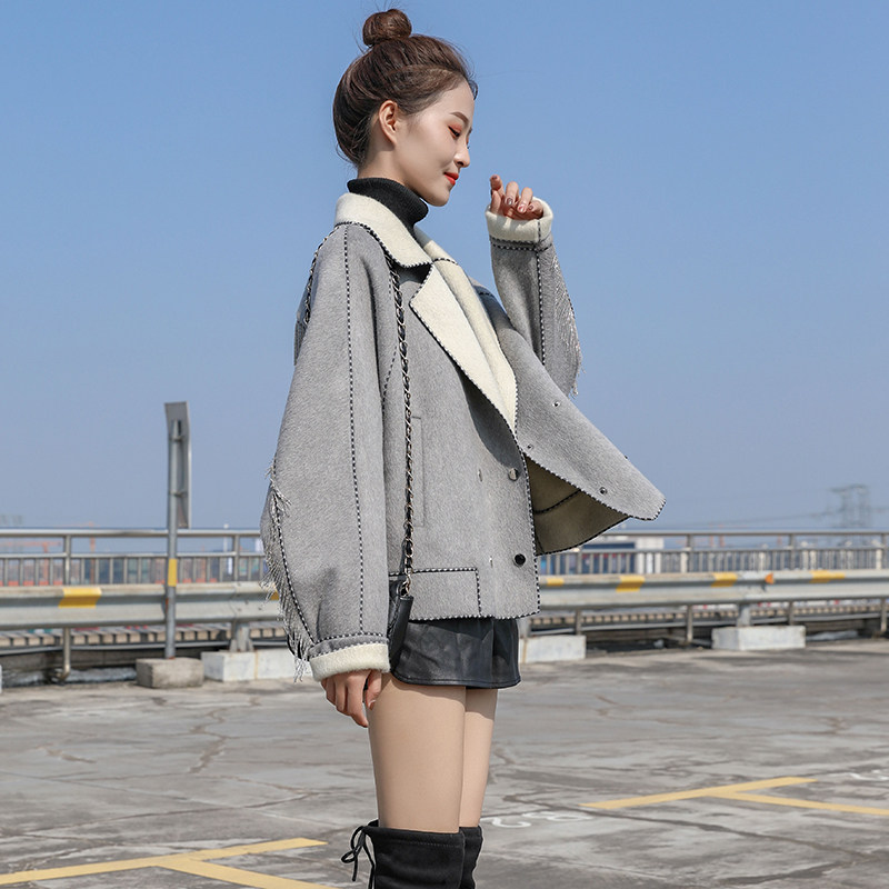 High end double face cashmere big coat female short 2021 autumn Winter new Korean version Herbenwind small fur Fur Coats