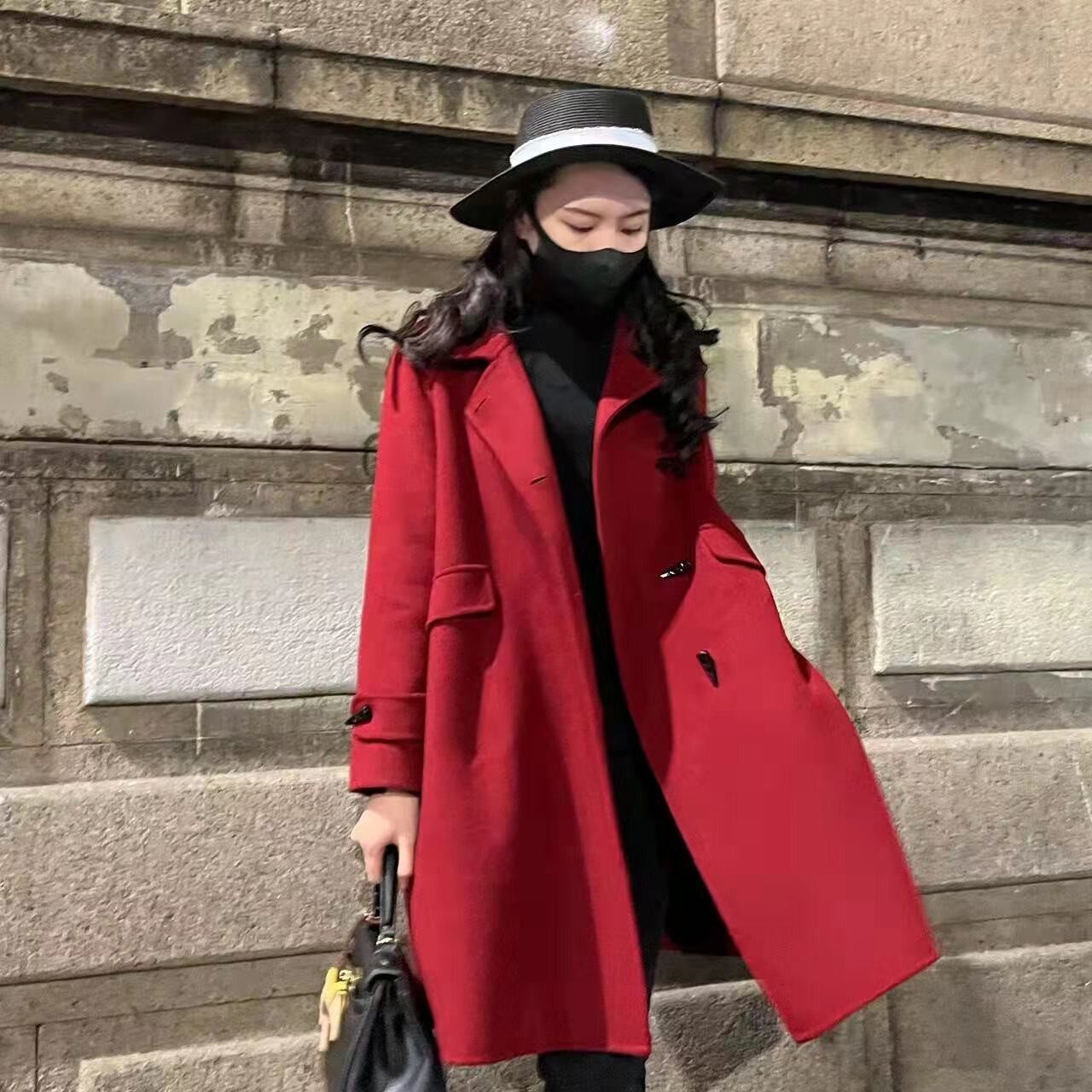 High end bifacial cashmere large coat with long version 2021 Winter new reduced age 100 Lapped Temperament Horn Button Little Guy