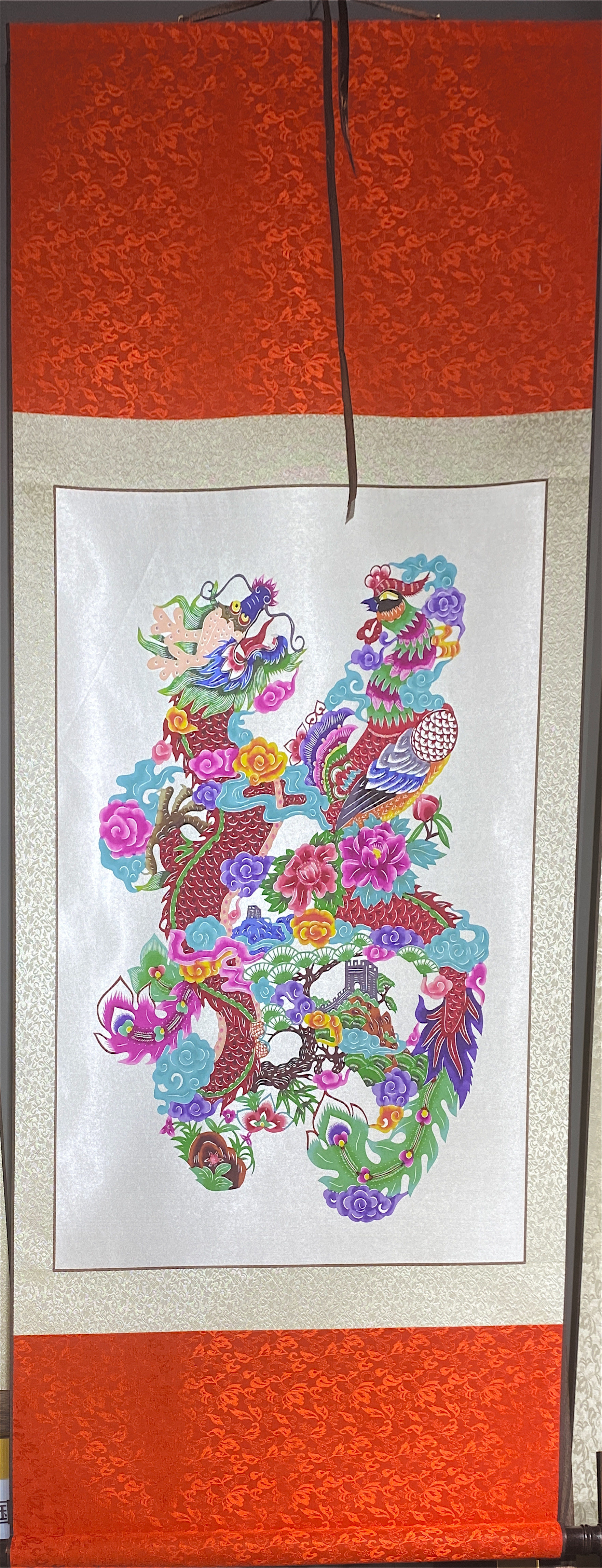 (Fuzhiyah)Chinese style paper-cut dragon Phoenix Blessing hanging scroll Gift gift Traditional craft living room entrance decorative painting