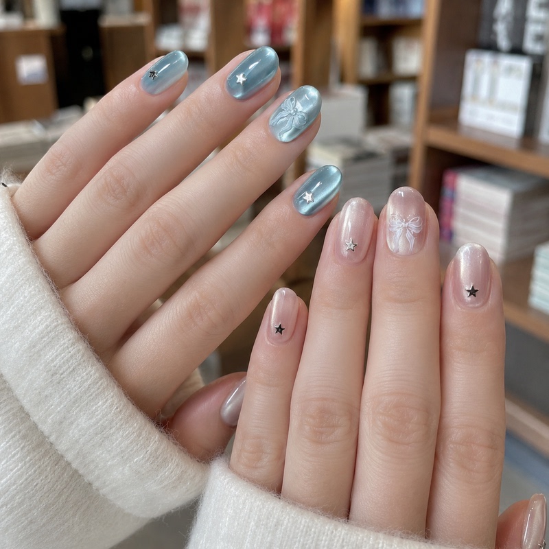 Purely Handmade Cat-Eye Wearable Nails, Blue and Pink Mandarin Duck Ab Short Oval Nail Tips, Gentle and Complexion-Enhancing, Removable Fake Nails
