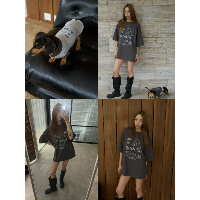 Swingpuppy Summer Pet-Themed Pure Cotton T-Shirt Base Shirt with Print, Couple's Matching Retro Pet-Themed T-Shirt