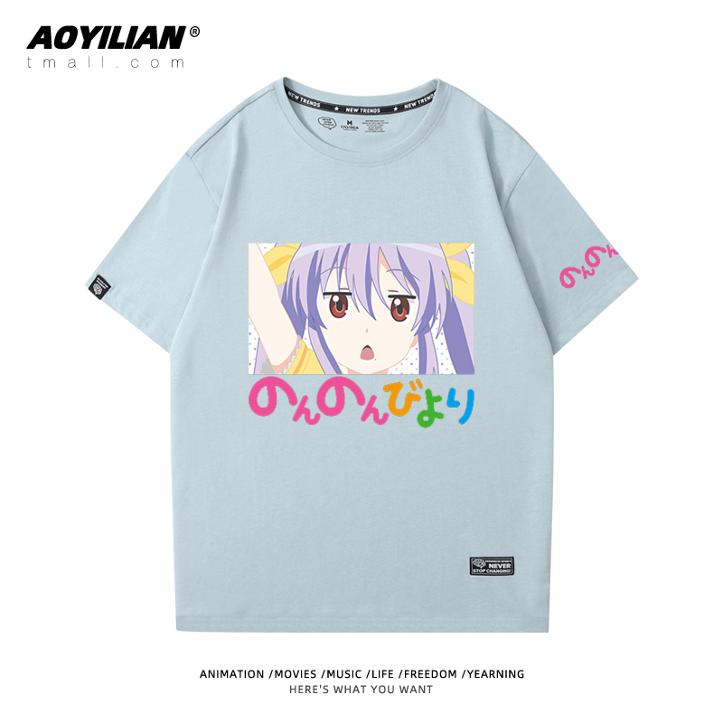 Crew Neck - Blue - & 2comic    long Ah Ah girl Rihe   Miaopas Short sleeve T-shirt periphery men and women lovers