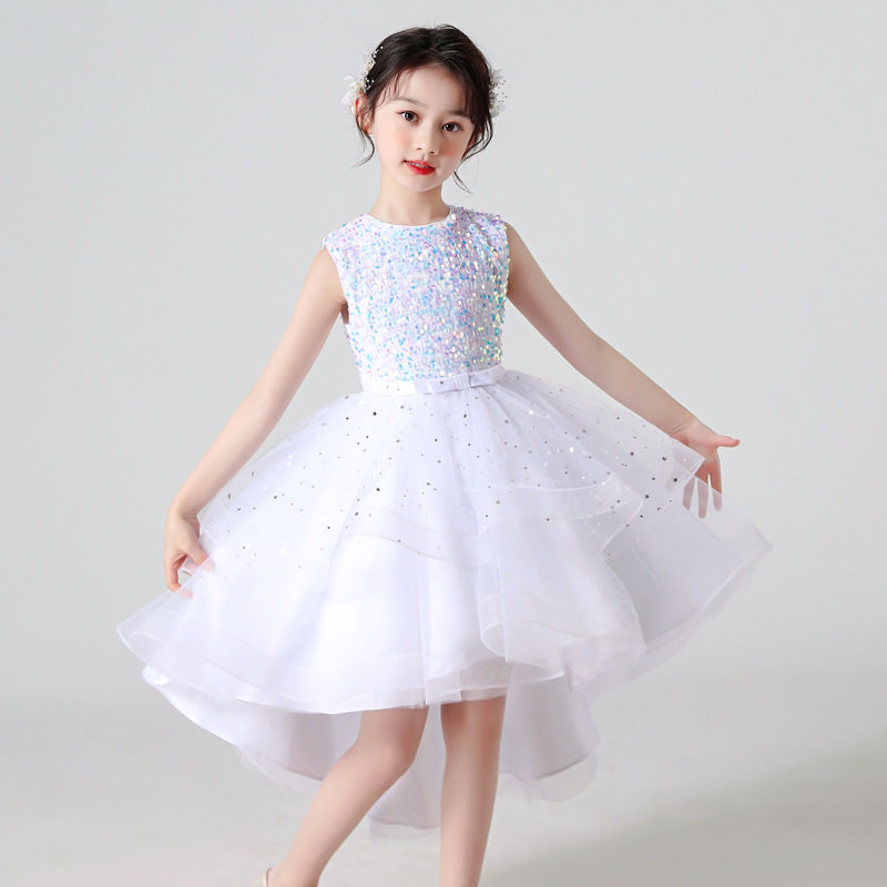 Zhongda Girls White New Trailing Dress Princess Dress Girl Host Performance Dress Mesh Puffy Skirt