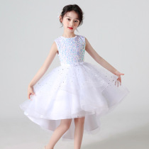 Medium and large girls white new trailing one-piece princess dress girl host show dress mesh puffy skirt