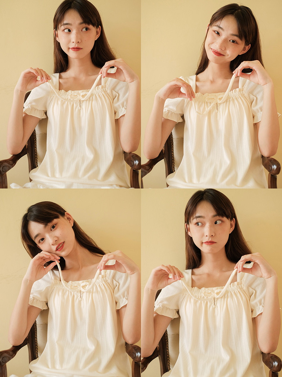 Xin help Bra summer new small fresh solid color home clothing set ruffled blouse shorts pajamas women