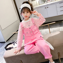 Girls  suit spring 2021 new net red spring and autumn foreign style tooling little girl Korean version bib pants two-piece set
