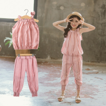 Girls summer suit 2021 new little girl net red summer sleeveless cotton and linen in the big child foreign style two-piece set tide