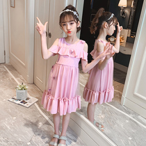 Girls solid color dress summer dress 2021 new foreign style little girl princess dress big child childrens clothing summer skirt