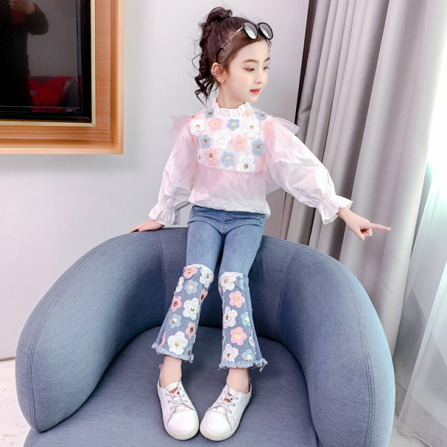 Girls' suits autumn clothes 2022 new children's net red fashion spring and autumn foreign style children's jeans two-piece suit trendy