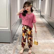 Girls summer suit 2021 new foreign style net red childrens clothing large childrens summer short-sleeved girls sports two-piece set