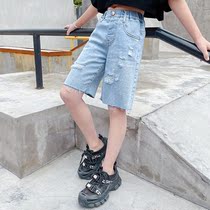 Girls denim shorts summer 2021 new foreign style wear large childrens high waist summer girls bud hot pants