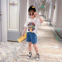 Girls summer suit 2021 new net red little girl Western style childrens summer cartoon denim shorts two-piece set