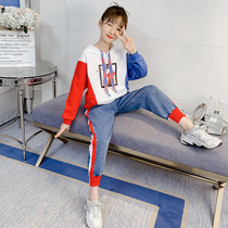 Girls spring new foreign style 2021 suit Girls net red hooded sweater two-piece fashionable childrens clothing trend