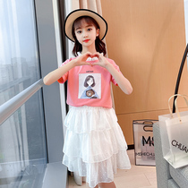Girls net red suit summer 2021 new childrens foreign style little girl summer casual short-sleeved yarn skirt two-piece set