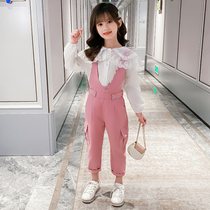 Girls  suit spring 2021 new net red childrens little girl spring and autumn Western style bib two-piece set trend