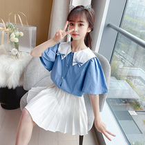 Girls summer suit 2021 new foreign style summer fashion childrens dress childrens clothing net red girl denim two-piece set