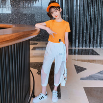 Girls suit 2021 summer new childrens foreign style Korean version of the fashionable net red girl reflective trousers two-piece set tide