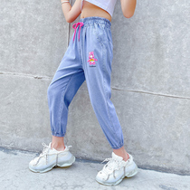 2021 new summer girls denim wide leg pants cartoon childrens big child Tencel thin summer childrens pants tide
