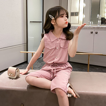 Girls summer suit 2021 new little girl net red summer childrens clothing short-sleeved foreign style Korean version of the two-piece set fashionable