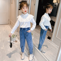 Girls doll collar shirt set autumn 2021 new net red childrens clothing spring and autumn long-sleeved foreign style two-piece set