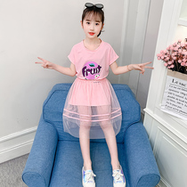 Girls  suit 2021 new summer clothes net red Zhongda childrens girl foreign style summer short-sleeved skirt two-piece set tide